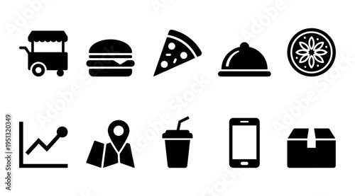 A collection of black icons representing food delivery and business concepts on a white background, suitable for marketing, advertising, and web design.
