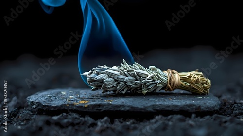Burning white sage smudge stick with blue smoke on black stone, zen and aromatherapy concept