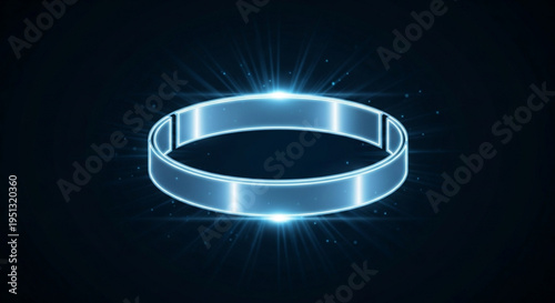 Glowing blue metallic ring with radiant light effects on dark background symbolizing technology and innovation
