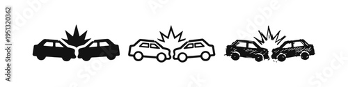 Car crash icon set. Two vehicles colliding symbol in solid, outline, and doodle styles.
