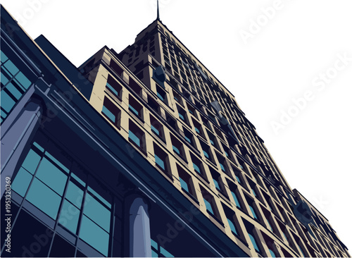 Pixelated Vintage Skyscraper Exterior Architecture with Teal Windows and Cream Facade