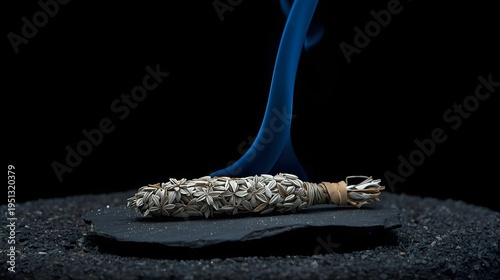 Burning white sage smudge stick with blue smoke on black stone, zen and aromatherapy concept
