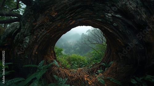 Fairy tale forest portal made of ancient tree roots overlooking misty mountain valley with village