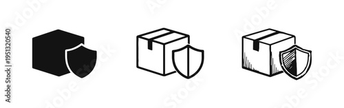 Package protection icon set. Shield with box symbol in solid, outline, and doodle styles.