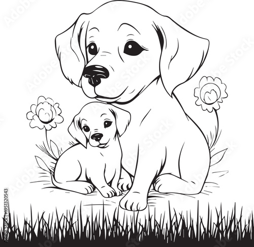 Cute Dog with Puppy and Flowers Coloring Page Illustration