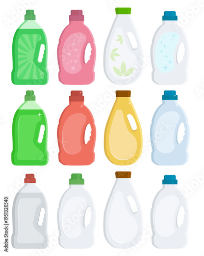 Colorful laundry detergent bottles collection, liquid gel packaging and plastic containers vector set