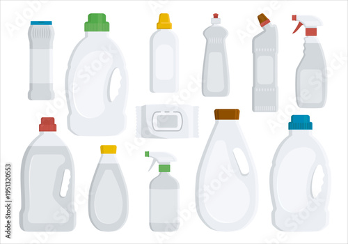 Set of household cleaning product bottles, detergent containers and spray bottles, flat vector illustration collection