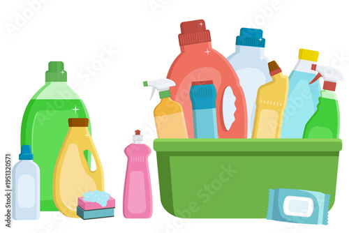 Collection of colorful cleaning products, detergents, sprays and wipes packaging, flat vector set