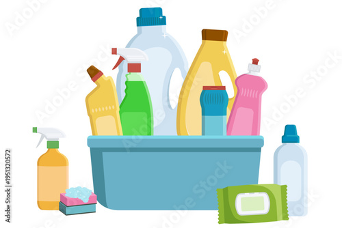 Assorted household cleaning product composition, plastic bottles, sprays and detergent containers vector illustration