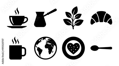a collection of black icons representing food, drink, and global cuisine on a clean white background, suitable for use in menus, infographics, or advertising materials