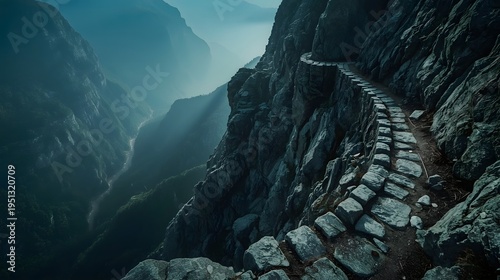 Sunlight breaking through clouds over a dangerous mountain stone trail