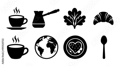 A set of black icons featuring coffee cups, a coffee pot, croissant, leaf, globe, plate with heart-shaped food, and spoon on a white background, representing global cuisine and lifestyle concepts.