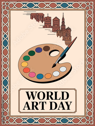 World Art Day with Painter’s Palette, Brush, and Cityscape Illustration