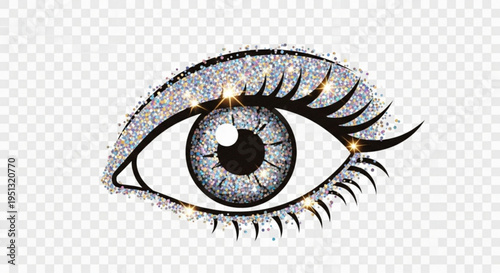 Glittery eye with long eyelashes and sparkling eyeshadow on a transparent background perfect for makeup and beauty concepts