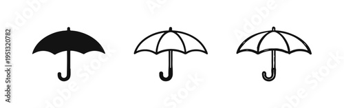 Umbrella icon set. Open umbrella symbol for protection in solid, outline, and doodle styles.