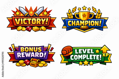 Game achievement banners displaying victory, champion, bonus reward, and level completion