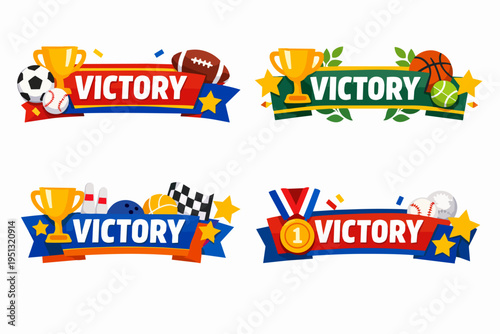 Sports victory banners collection with trophies, medals, and various competition equipment