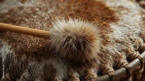 Shamanic ritual drum with spotted fur and mallet close-up.
