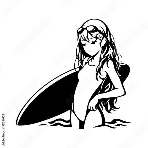 Vacaciones en la playa. Logo club de surf. Dibujo con líneas de una chica joven con bikini, de pie en el mar con una tabla de surf	