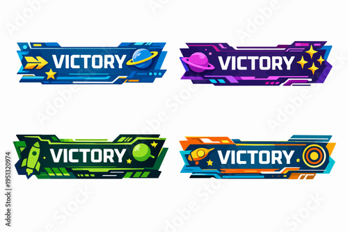 Futuristic victory banners for gaming achievements with space theme elements