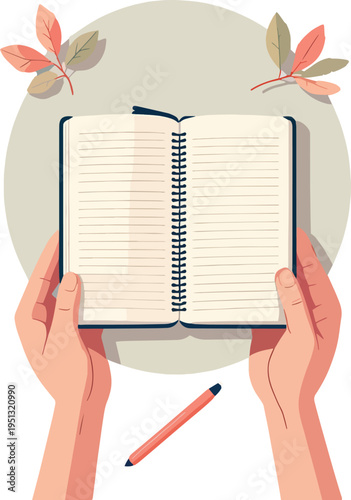 Illustrazione vettoriale di mani che aprono un libro. Concetto di lettura, conoscenza, studio, apprendimento e scoperta, ideale per educazione, cultura e contenuti editoriali.