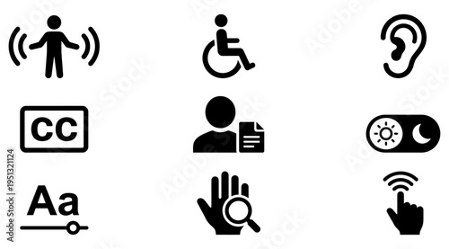 A collection of accessibility icons representing inclusive design and communication features, suitable for use in marketing materials, educational resources, and website design.