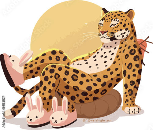 Relaxed Jaguar in Bunny Slippers and Knitting Gear Cozy Afternoon