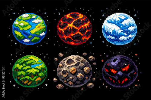 Pixel art cosmic collection showing diverse planets and celestial bodies in space