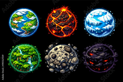 Diverse pixel art planets showing different worlds and cosmic environments