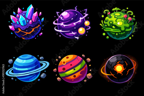 Collection of colorful cartoon planets and cosmic elements for game design