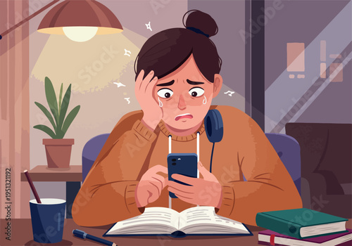 Sad Girl Studying Late Night On Phone With Books And Lamp