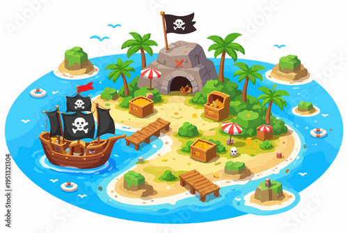 Pirate adventure island with treasure chests, ship, skull flag, and palm trees