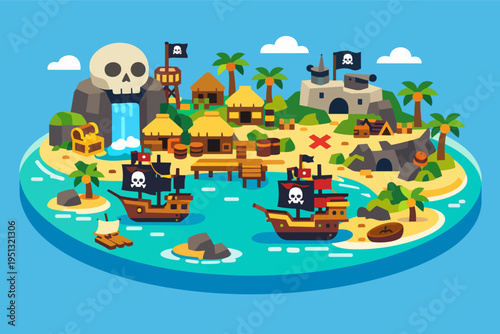 Pirate island adventure with treasure map, skull cave, and ships at sea