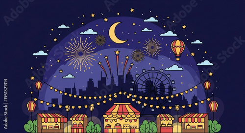 Vibrant nighttime carnival scene with fireworks and hot air balloons under a crescent moon