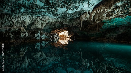 Stunning underground cave with turquoise lake and limestone stalactites reflection