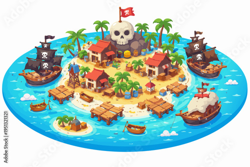 Pirate island with skull rock and tropical palm trees, a cartoon adventure scene