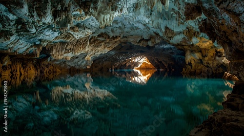 Magical illuminated cavern with crystal clear blue water and rocky formations