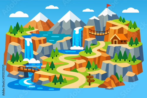 Cartoon nature landscape with winding path, waterfalls, mountains, and forest