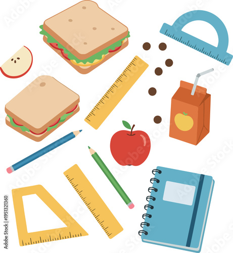 School Lunch Items And Supplies Flat Design Isometric Illustration