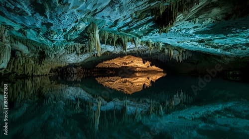 Deep subterranean grotto with mirror reflection in still turquoise water