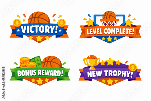 Basketball game achievements with victory, bonus reward, level complete, and new trophy badges