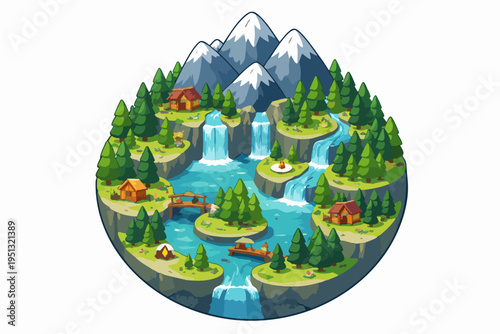 Isometric wilderness adventure landscape with mountains, waterfalls and cabins