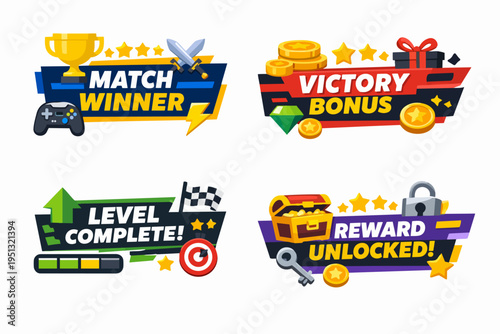 Gaming banners showing match winner, victory bonus, level complete and reward unlocked