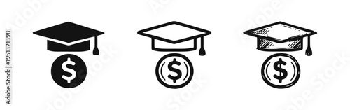 Graduation Cap and Dollar Coin Icon Set, Education Cost and Scholarship Vector