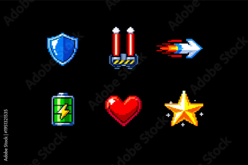 Pixel art video game icons set showing power-ups, health, and energy
