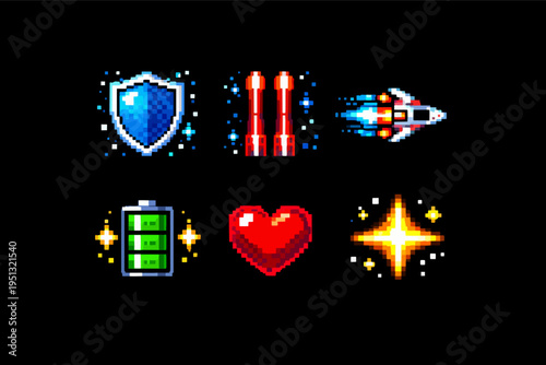 Pixel art retro game icons creating a collection of power-ups and spaceship elements