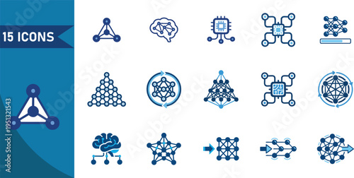 Set of 15 artificial intelligence and neural network vector icons featuring deep learning circuitry and data processing symbols in modern blue gradient style