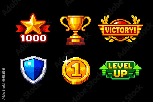 Pixel art video game achievements showcasing level-up, victory, rewards, and status
