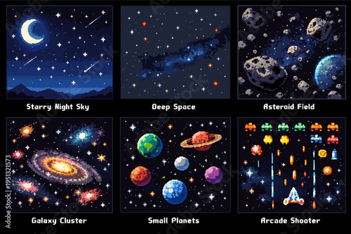 Pixel art space game elements: starscapes, planets, asteroids, and arcade shooter sprites