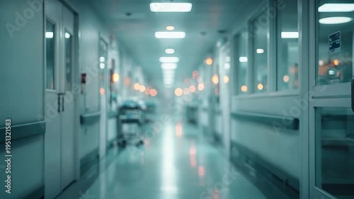 An empty hospital corridor with a gurney in the foreground.